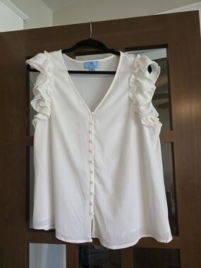 CeCe White Button-Front V-Neck Ruffle Sleeve Top